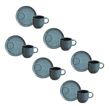Imagem de Conjunto de Xícaras e Pires de Chá Linhas Night Sky 12 Peças Stoneware Azul para Uso Diário Azul Porto Brasil