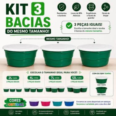 Imagem de Kit 3 Bacias Plásticas do Mesmo Tamanho com ou sem Tampa  Cores Sortid