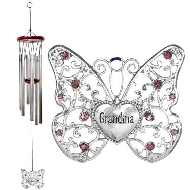 Imagem de BANBERRY DESIGNS Grandma Butterfly Wind Chimes - Wood Windchime with Silver Filigree Grandmother Butterfly Purple Rhinestones in The Wings - Approx. 37 Inches Long - Indoor Outdoor Chimes Butterflies
