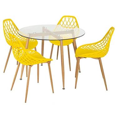 Imagem de Loft7, Mesa redonda com tampo de vidro 100 cm + 4 cadeiras Clarice Cloe Amarelo