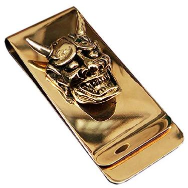 Imagem de Pingente Hannya de caveira de latão fino clipe de dinheiro carteira porta-cartão de crédito acessório feito à mão presente masculino, Dourado, 6*2.5cm
