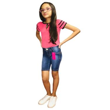 Imagem de Bermuda Feminino Infanto juvenil Jeans Com Licra Azul Liso/puído 4-Feminino