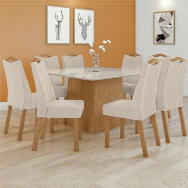 Imagem de Conjunto Mesa Nevada 130cm Tampo MDF/Vidro 8 Cadeiras Vênus Móveis Lopas Amendoa Clean/Off White/Linho Rinzai Bege