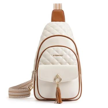 Imagem de Missnine Bolsa tiracolo feminina de couro PU para pochete acolchoada bolsa de viagem moderna para caminhadas, ciclismo com borla, Marrom + bege, Moderno