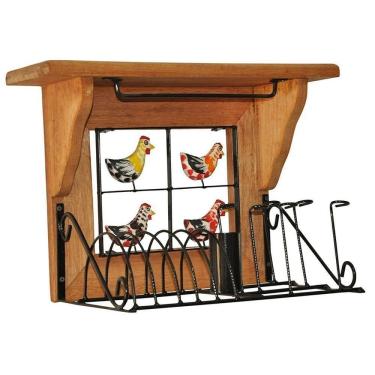 Imagem de Paneleiro De Parede Escorredor De Pratos E Talheres Rústico De Madeira E Ferro Galinha