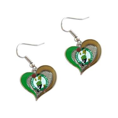 Imagem de Aminco Boston Celtics Conjunto de brincos femininos com pingente de pingente e logotipo da equipe esportiva NBA em formato de coração