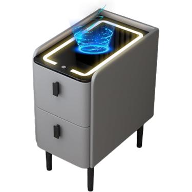 Imagem de Mesa de cabeceira inteligente armário lateral carregamento sem fio e mesa de cabeceira inteligente com luz de 3 cores com 2 gavetas para quarto, cinza