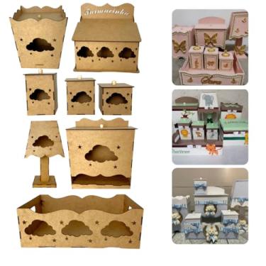 Imagem de Kit Higiene Bebê Desenho Nuvem 8 Pçs Em Mdf Farmacinha Infantil Com Fiação