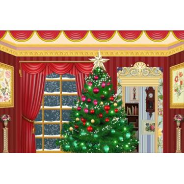 Imagem de Painel de Lona Natal Vermelho Árvore Casa Janela - 200x150cm - Fabrika