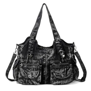 Imagem de YeFine Bolsas de ombro casuais jeans lavadas alça superior bolsas femininas Hobo bolsas femininas e bolsas de mão, Preto lavado, Large