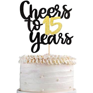 Imagem de Topo de bolo Cheers to 15 Years - Palheta de bolo de aniversário montada com glitter preto e dourado - Decoração de feliz aniversário de 15 anos para artigos de festa de quinze anos (1 pacote)