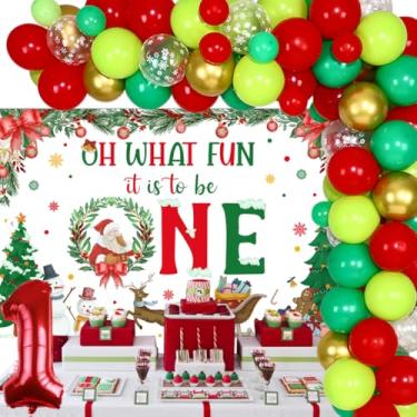 Imagem de Sursurprise Christmas First Birthday Party Decorations, Xmas Balloon Garland Arch Kit With Oh What Fun It Is To Be One Backdrop for Boys or Girls Winter Holiday 1st Birthday Party Supplies
