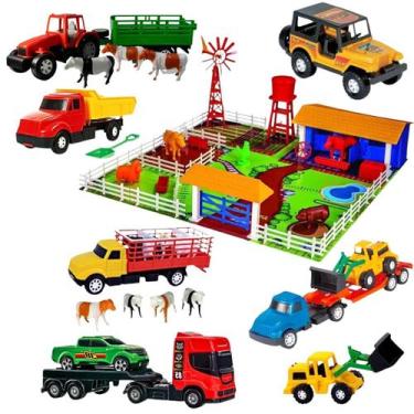 Imagem de Kit Fazendinha Caminhão Boi Jeep Trator Carrinho Infantil - Diverplas
