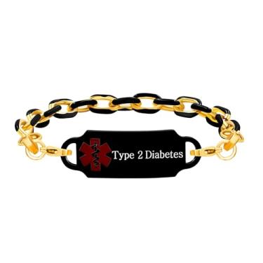 Imagem de Vivaday Pulseira de alerta médico personalizada de aço inoxidável banhado a ouro para homens e mulheres | Pulseiras de alerta de saúde brancas à prova d'água | Estilo Hip Hop Prevenção de Perda