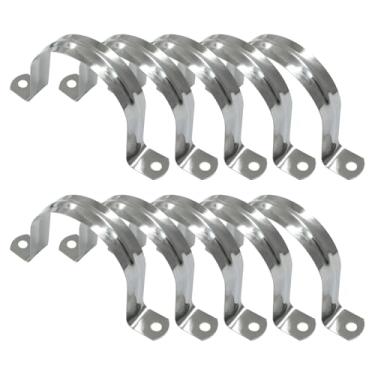 Imagem de Moicstiy Pacote com 10 tiras de tubo rígido M63, alça de cabo de dois furos de aço inoxidável de 2 1/2 polegadas, braçadeira de conduíte de suporte em U para tubo de fixação, cabo, tubo (prata, 63 mm)