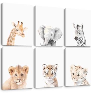 Imagem de Decoração de arte de parede de animais de berçário para bebê, safári, impressões em tela, selva, animal, arte para quarto de bebê, fotos de safári para quarto de meninos, tela embrulhada 30,5 x 40,6