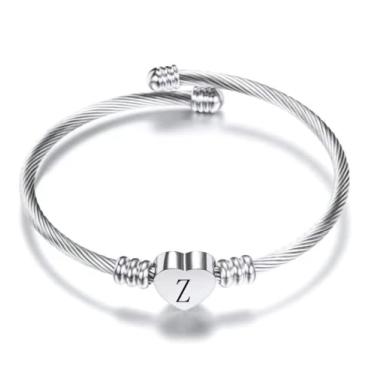 Imagem de BlingNuts Pulseira de prata com iniciais de coração de aço inoxidável A-Z gravada joia feminina para aniversário e Natal, F, Aço inoxidável, Sem Pedra Preciosa
