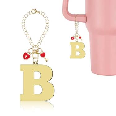 Imagem de Lukiisoo Berloques de coração com letras para acessórios Stanley Cup, pingente de alça de chaveiro fofo para copo, decorações de identificação com nome personalizado fofo, corrente de garrafa (letra B