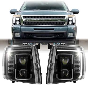 Imagem de USR 07-13 GMT900 Conjunto de 2 peças de lâmpadas dianteiras (esquerda + direita) compatível com caminhonete Chevy Silverado 2007-2013 (projetor preto farol de LED completo/seta/DRL/refletor âmbar)