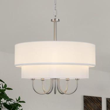 Imagem de ZCHAOZ Lustre Moderno Drum Para Sala De Jantar, Lustre De Níquel Escovado Com 5 Lâmpadas E Abajures, Luminárias Contemporâneas De Estilo Fazenda, Pendente Grande Para Cozinha, Ilha, Sala De Estar, H