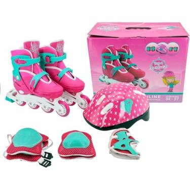 Imagem de Roller Patins Inline Rosa Ajustável 33-37 Kit de Proteção