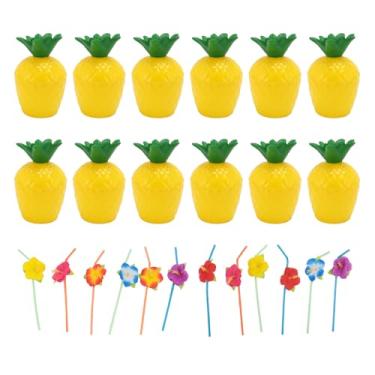 Imagem de Copos de Festa Havaianos Estrutura Rosqueada 12 Peças Palha de Flor de Hibisco para Festa na Piscina de Verão 300ml