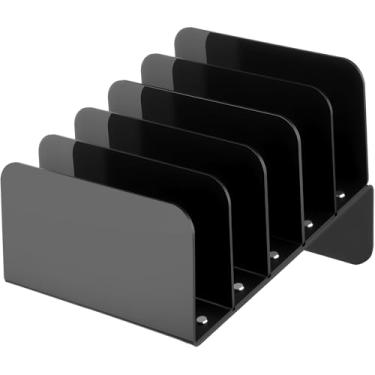 Imagem de Chunful Organizador de arquivos de mesa de acrílico, organizador vertical de 5 seções, organizador vertical, exibição de vinil para discos, livros, revistas, documentos, escritório doméstico (preto)