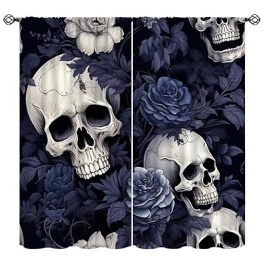 Imagem de Cortinas góticas de crânio floral de açúcar, esqueleto místico, retrô, assustador, dia das bruxas, decoração de folhas de plantas, tratamentos de janela para quarto, banheiro, casa assombrada