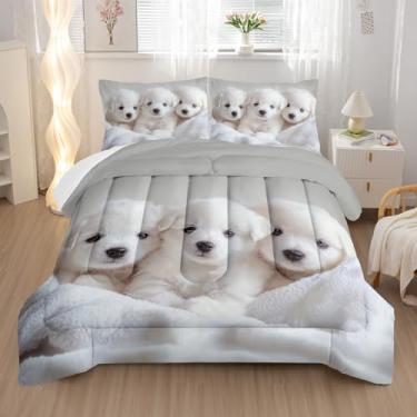Imagem de Nttopship Jogo de cama de cachorro fofo, tamanho casal, animais 3D, estampa de cachorro branco, decoração de casa, kawaii, decoração de quarto, edredom e 2 fronhas