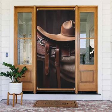 Imagem de Selim de cavalo com um chapéu de cowboy decorações de capa de porta selvagem faixa de porta de boas-vindas bandeira sazonal primavera verão varanda banner foto fundo para decoração de festa interna e