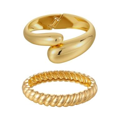 Imagem de Emibele Conjunto de pulseiras de ouro, grosso, banhado a ouro 18 K, lágrima, articulada, grosso, pulseiras de ouro resistentes a manchas para mulheres, pacote com 2