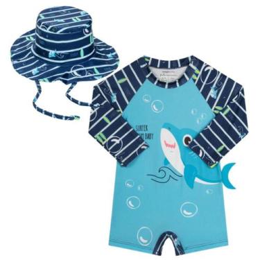 Imagem de Roupa Proteção Solar Macacão Bebê Menino Praia Piscina Chapéu com Prot