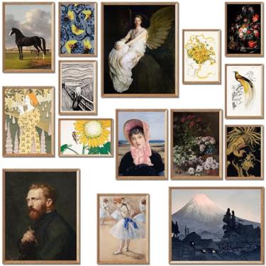 Imagem de LANCHI95 Conjunto de pôster de arte vintage de 15 peças – Kit de colagem de parede estética para casa, quarto, sala de estar – Obras-primas clássicas, impressões de arte botânica, retrato e natureza