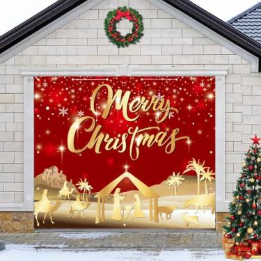 Imagem de Decorações de porta de garagem DARUNAXY Red Jesus Christmas 244x213cm