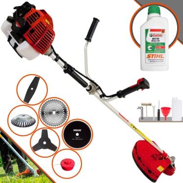 Imagem de Roçadeira Aparador de Grama À Gasolina Kawashima KW52-L 52cc 2,5HP 10.000rpm Completo Com Kit 4 Lâminas + Carretel + Escova de Aço + ÓLEO STIHL 2T