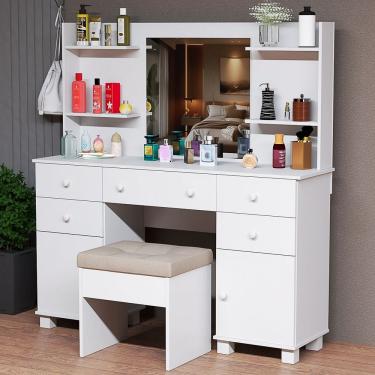 Imagem de Penteadeira Camarim Com Prateleiras e Portas Para Maquiagem E Banqueta Para Quarto ou Closet Espelho Grande