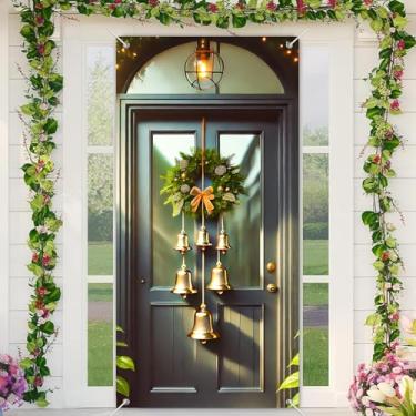 Imagem de BlissYard Capa de porta de Natal com design festivo de guirlanda de sino, 188 x 89 cm, capa de portas elegantes de inverno, alegre, decoração de porta de entrada, faixa de boas-vindas para reuniões