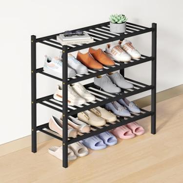 Imagem de Smiry Sapateira de bambu para armário, organizador de sapatos empilhável de madeira de 4 níveis, prateleira de armazenamento de sapatos de pé livre para entrada, entrada da porta da frente, preto