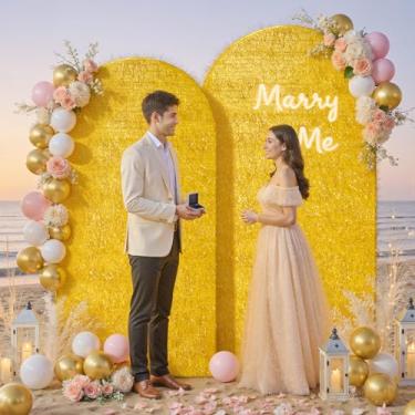 Imagem de Conjunto de 2 capas de fundo de arco dourado de 2,2 m 1,8 m, borlas metálicas brilhantes de 2 lados, suporte de arco de balão de elastano para suporte redondo Chiara, casamento, festa de aniversário