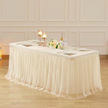 Imagem de Suppromo Toalha de mesa de tule champanhe para mesas retangulares de 1,12 m x 61 cm, toalha de mesa branca retangular, capa de mesa sem vincos com saia tutu para casamento, festa de aniversário