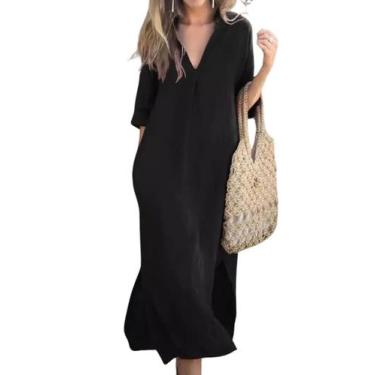 Imagem de Vestido maxi utcoco, algodão, linho, decote em V, manga 3/4, preto XXX