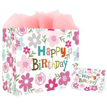 Imagem de ASYEHJNR Bolsa de presente de feliz aniversário tamanho grande de 33 cm, rosa, cinza, azul-petróleo com placa colorida de feliz aniversário, bolsa de presente boho com cartão de felicitações e papel