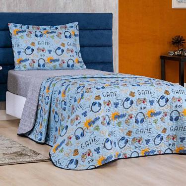 Imagem de Kit Colcha Game Solteiro Tecido Microfibra Dupla Face Quarto Infantil - Azul