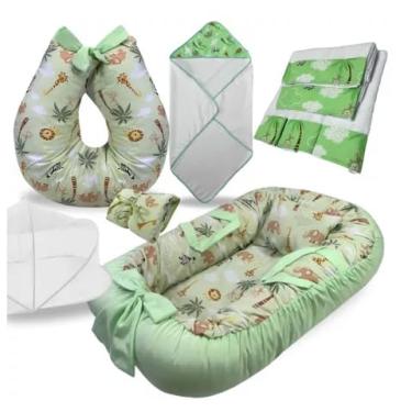 Imagem de KIt enxoval Ninho Redutor de Berço Almofada Amamentação Cobertor Toalha Banho Mosquiteiro Kit 5 Peças (Verde Safari)