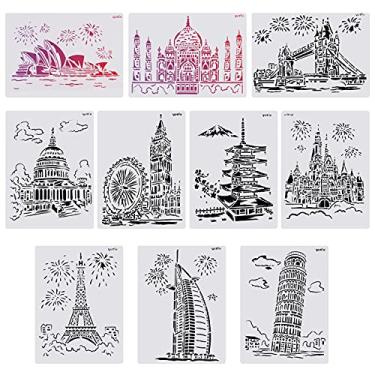 Imagem de GORGECRAFT 10 peças de estêncil de desenho de plástico com tema de edifícios famosos 28 x 20 cm, grande reutilizável, corte a laser, ferramenta de estêncil para projetos de artesanato de arte DIY A4 Notebook Scrapbook