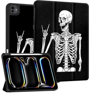 Imagem de Cabreche Capa compatível com iPad Pro de 13 polegadas M4 2024 com suporte para lápis, capa traseira de TPU (poliuretano termoplástico) para meninas, mulheres e homens, lindo esqueleto de caveira legal