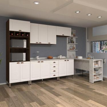 Imagem de Armário De Cozinha Compacta 5 Peças Com Tampo Bancada E Espaço Para Forno Safira Luciane Móveis Nogueira Dourado C/ Branco Pet E Marmore