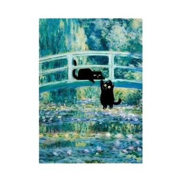 Imagem de Arte De Parede Em Lona Gato Noite Estrelada Abstrata Floral Colorida P
