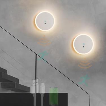Imagem de LED apliques de parede com sensor de movimento USB recarregável candeeiros de parede modernos magnéticos interior iluminação para quarto sala de estar corredor escadas (luz quente branca, 2 peças)