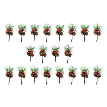 Imagem de Pro Bamboo Kitchen 20 peças de ramos de agulha de pinheiro com hastes de baga vermelha agulha de pinheiro artificial pinho pequeno buquê de flores artesanato para árvore de Natal DIY grinaldas